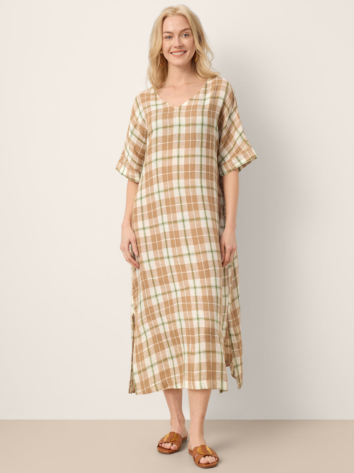 100% Linen Plaid Deep V Neck Drop Shoulder Side Slit Midi Dress LESLIE