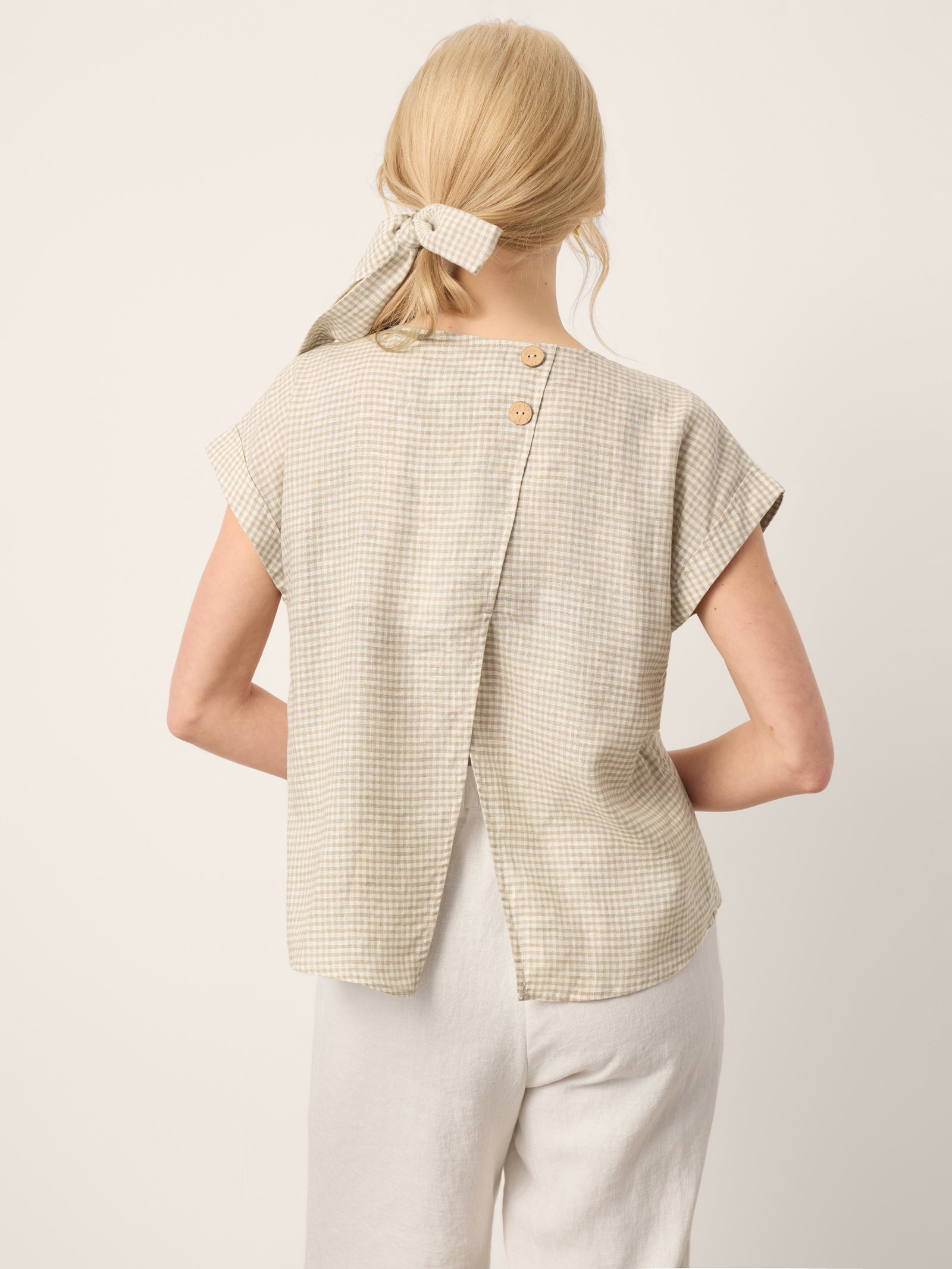 100% Linen Plaid Detachable Tie-Belt Split-Neck Top LEXIE by LINTICO for women