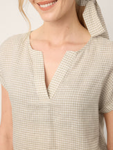 100% Linen Plaid Detachable Tie-Belt Split-Neck Top LEXIE by LINTICO for women