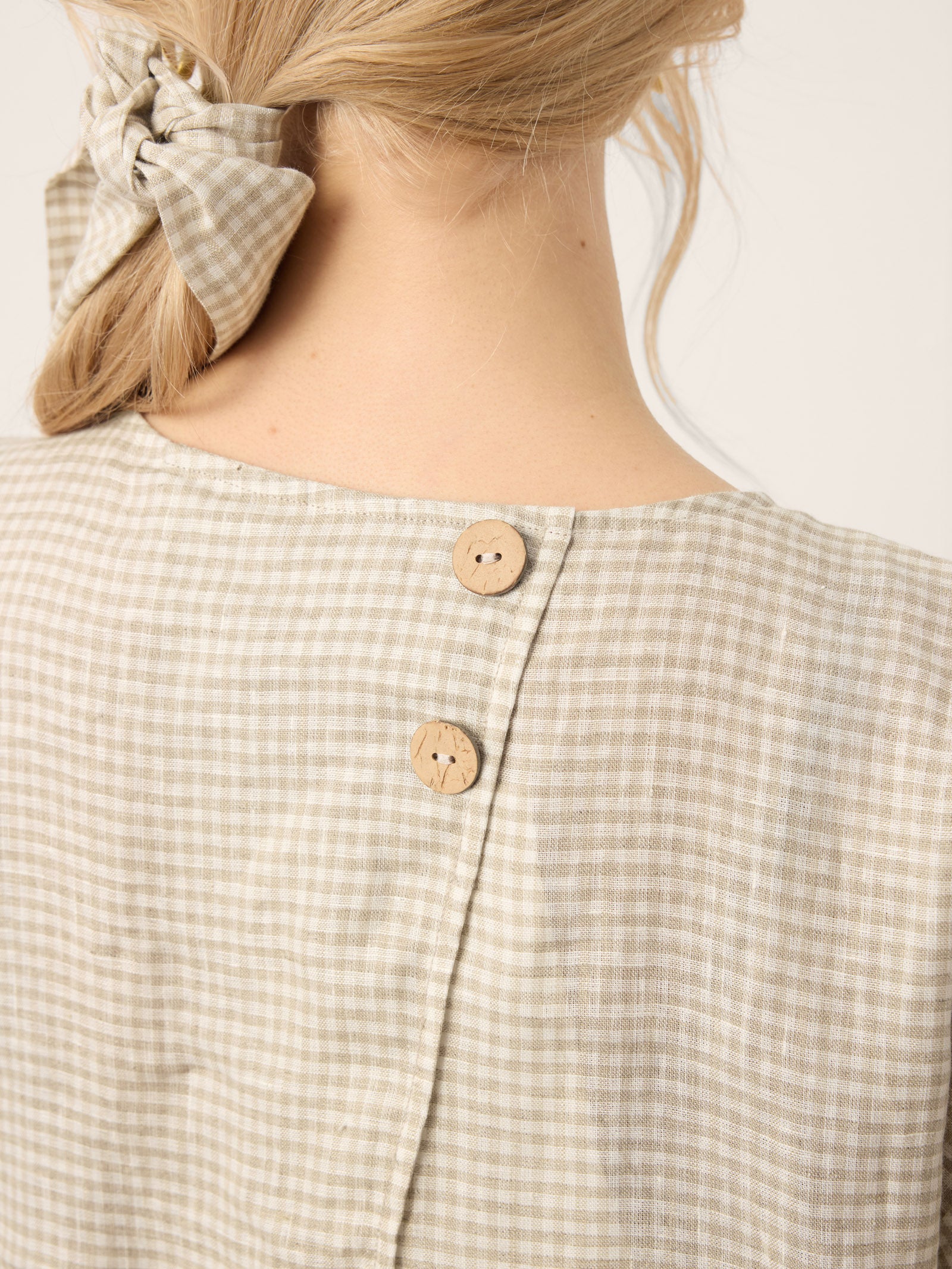 100% Linen Plaid Detachable Tie-Belt Split-Neck Top LEXIE by LINTICO for women