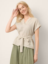 100% Linen Plaid Detachable Tie-Belt Split-Neck Top LEXIE by LINTICO for women