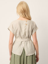 100% Linen Plaid Detachable Tie-Belt Split-Neck Top LEXIE by LINTICO for women