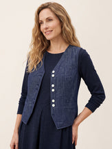 100% Linen Reversible Denim Texture Button Front Vest HARPER by LINTICO