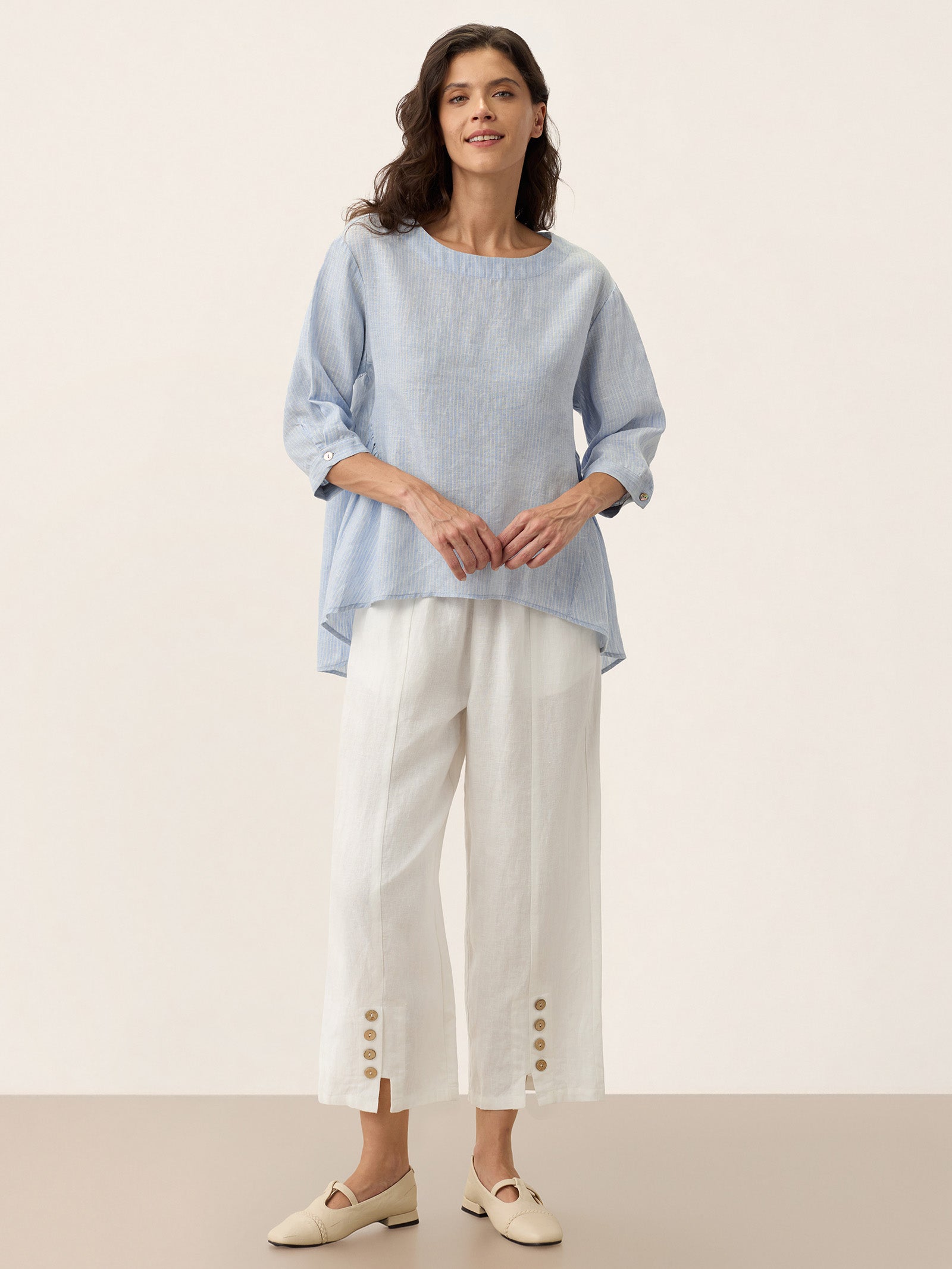 100% Linen Round Neck Artistic Stripe Top FLORENCE by LINTICO for women