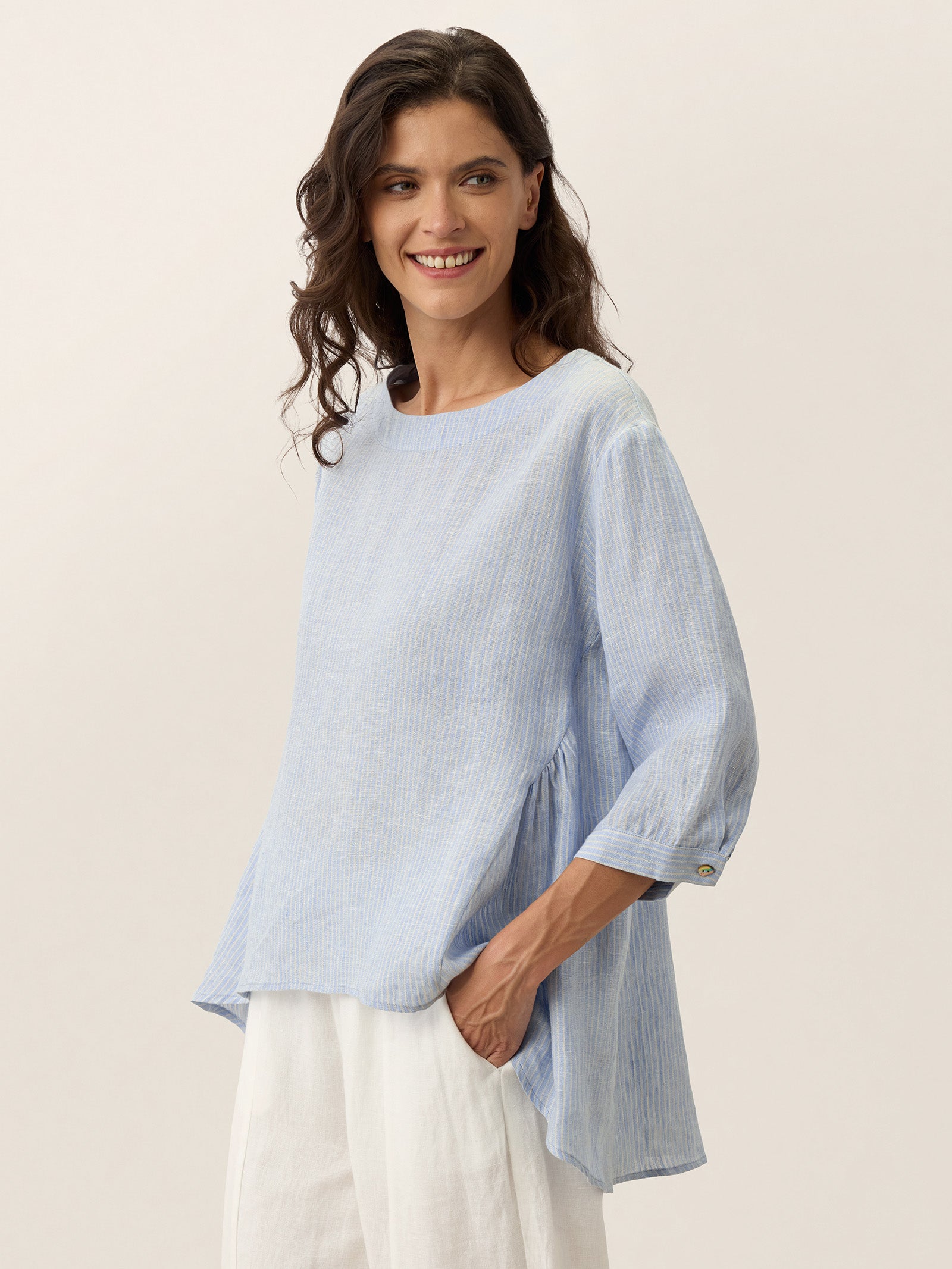 100% Linen Round Neck Artistic Stripe Top FLORENCE by LINTICO for women