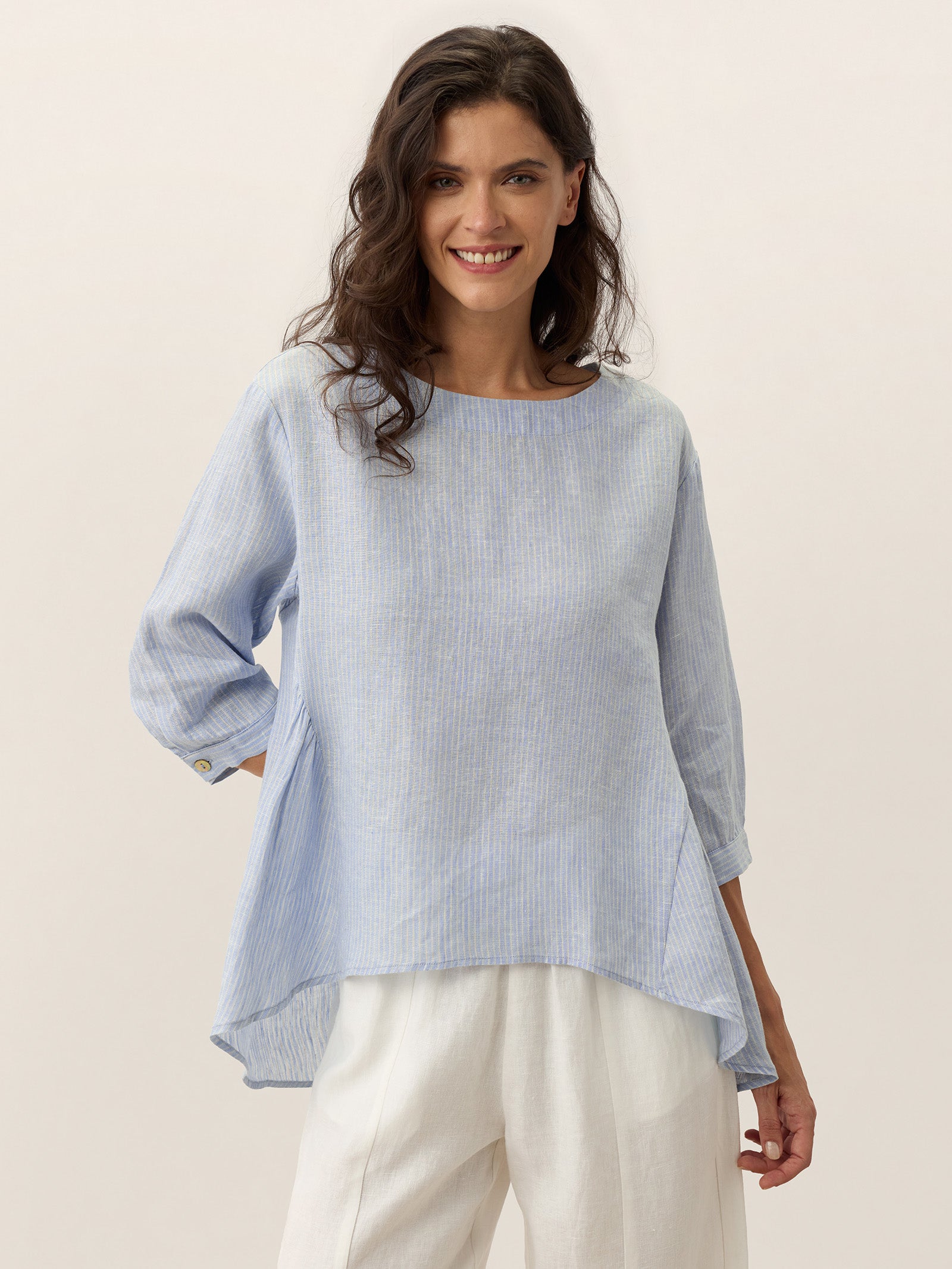 100% Linen Round Neck Artistic Stripe Top FLORENCE by LINTICO for women