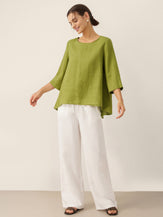 100% Linen Round Neck Asymmetrical Hem Top BRIANNA by LINTICO for women