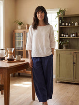 100% Linen Round Neck Asymmetrical Hem Top BRIANNA by LINTICO for women