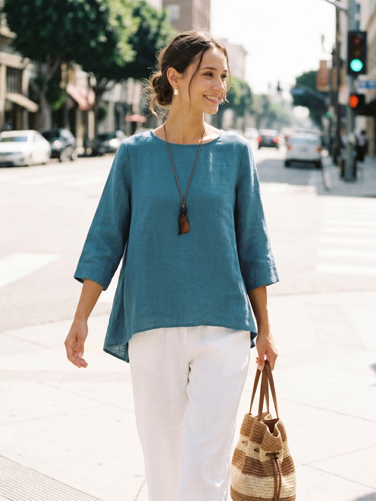 BRIANNA asymmetrical linen top in dove blue