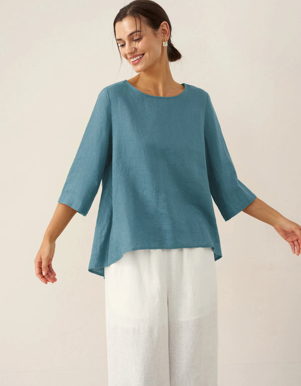 100% Linen Round Neck Asymmetrical Hem Top BRIANNA
