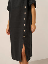 100% Linen Round Neck Button Detail Midi Dress JELENA by LINTICO for women