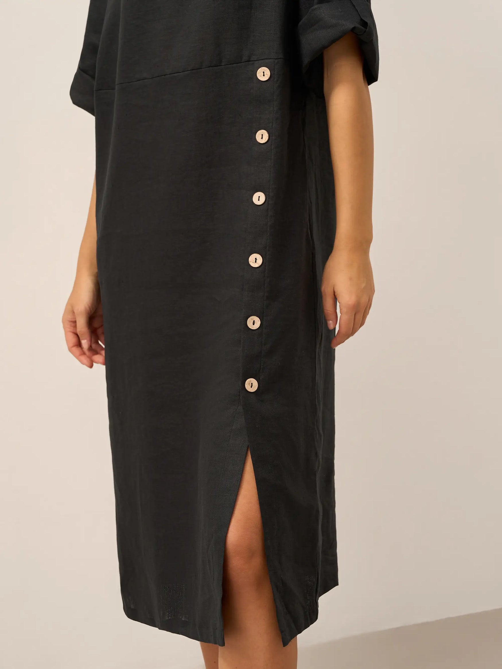 100% Linen Round Neck Button Detail Midi Dress JELENA by LINTICO for women