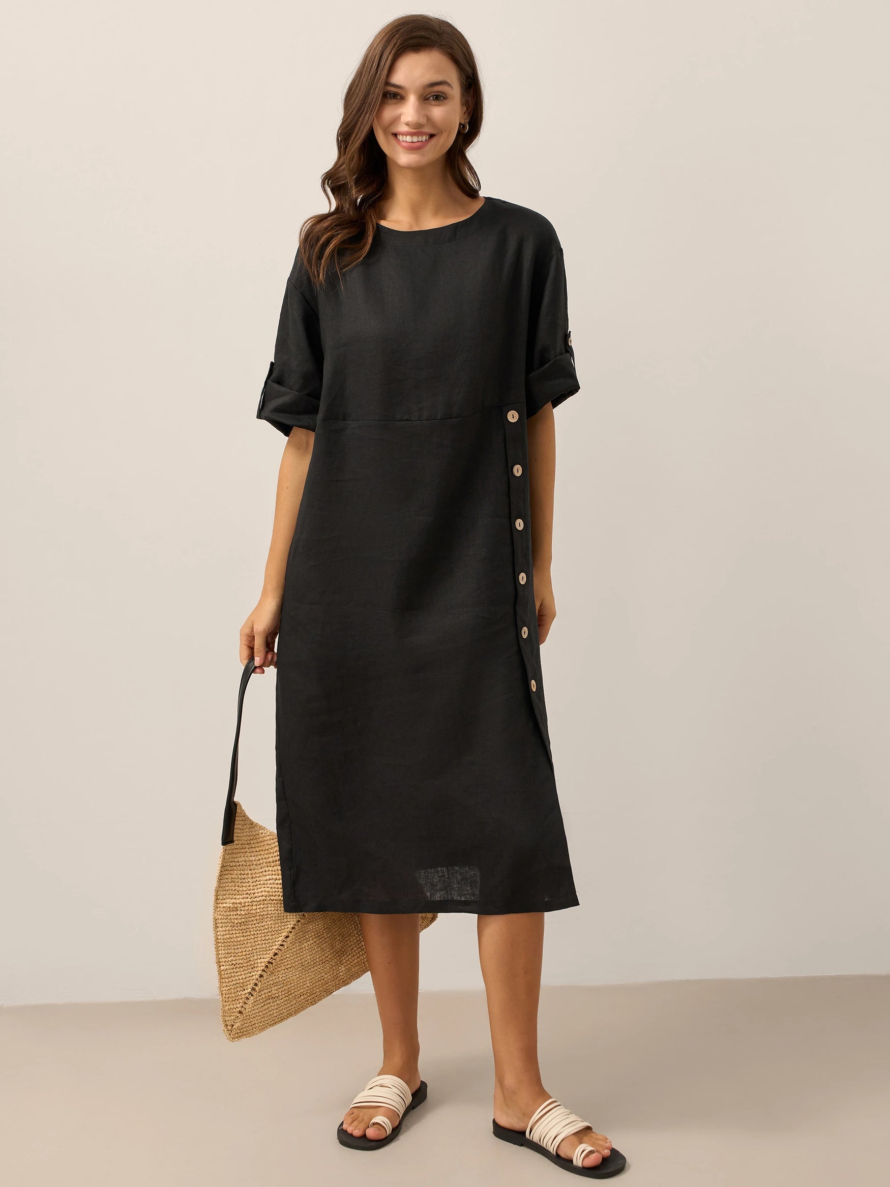 100% Linen Round Neck Button Detail Midi Dress JELENA by LINTICO for women