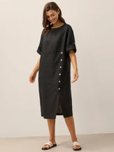 100% Linen Round Neck Button Detail Midi Dress JELENA by LINTICO for women
