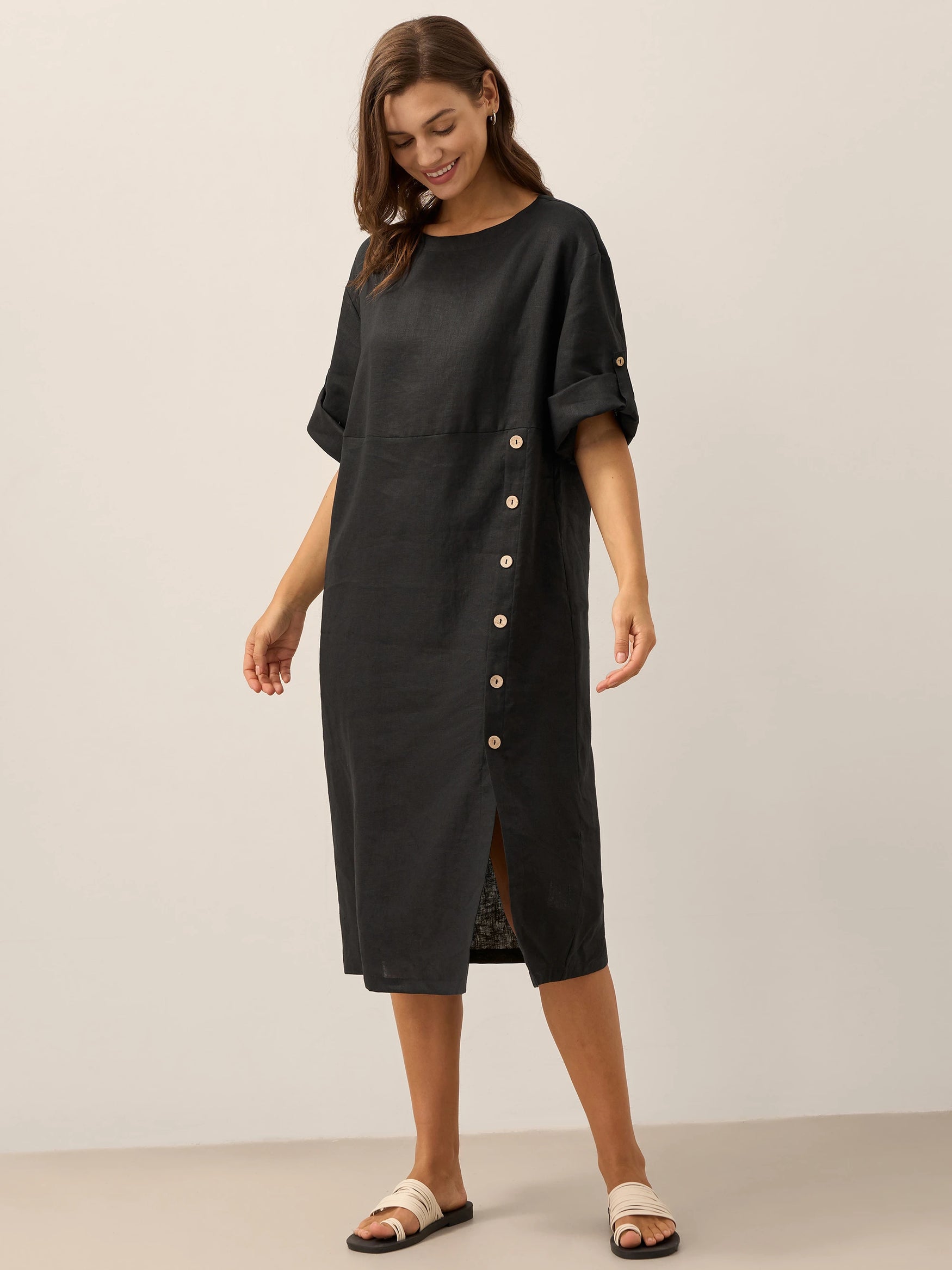 100% Linen Round Neck Button Detail Midi Dress JELENA by LINTICO for women