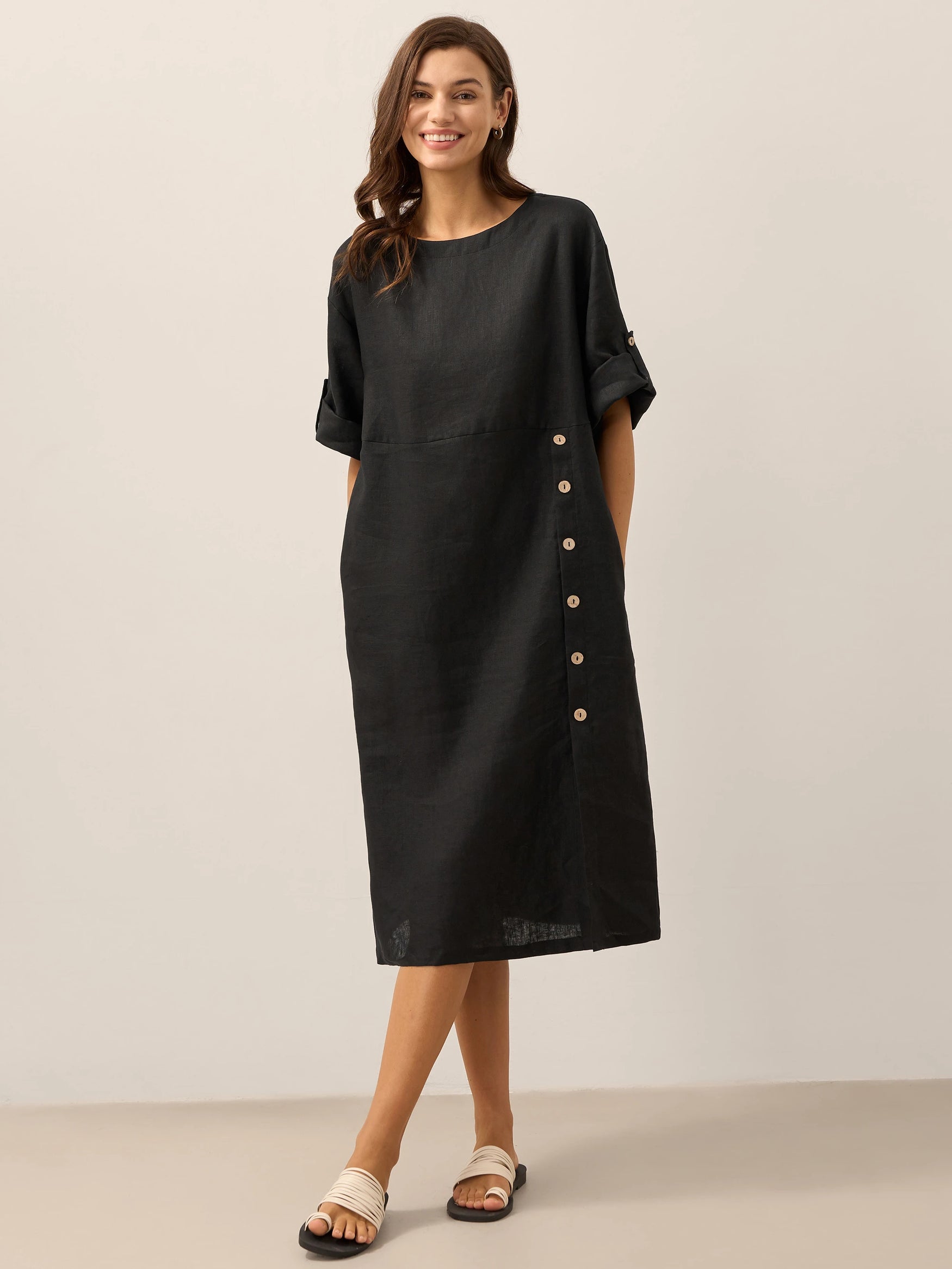 100% Linen Round Neck Button Detail Midi Dress JELENA by LINTICO for women