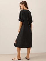 100% Linen Round Neck Button Detail Midi Dress JELENA by LINTICO for women