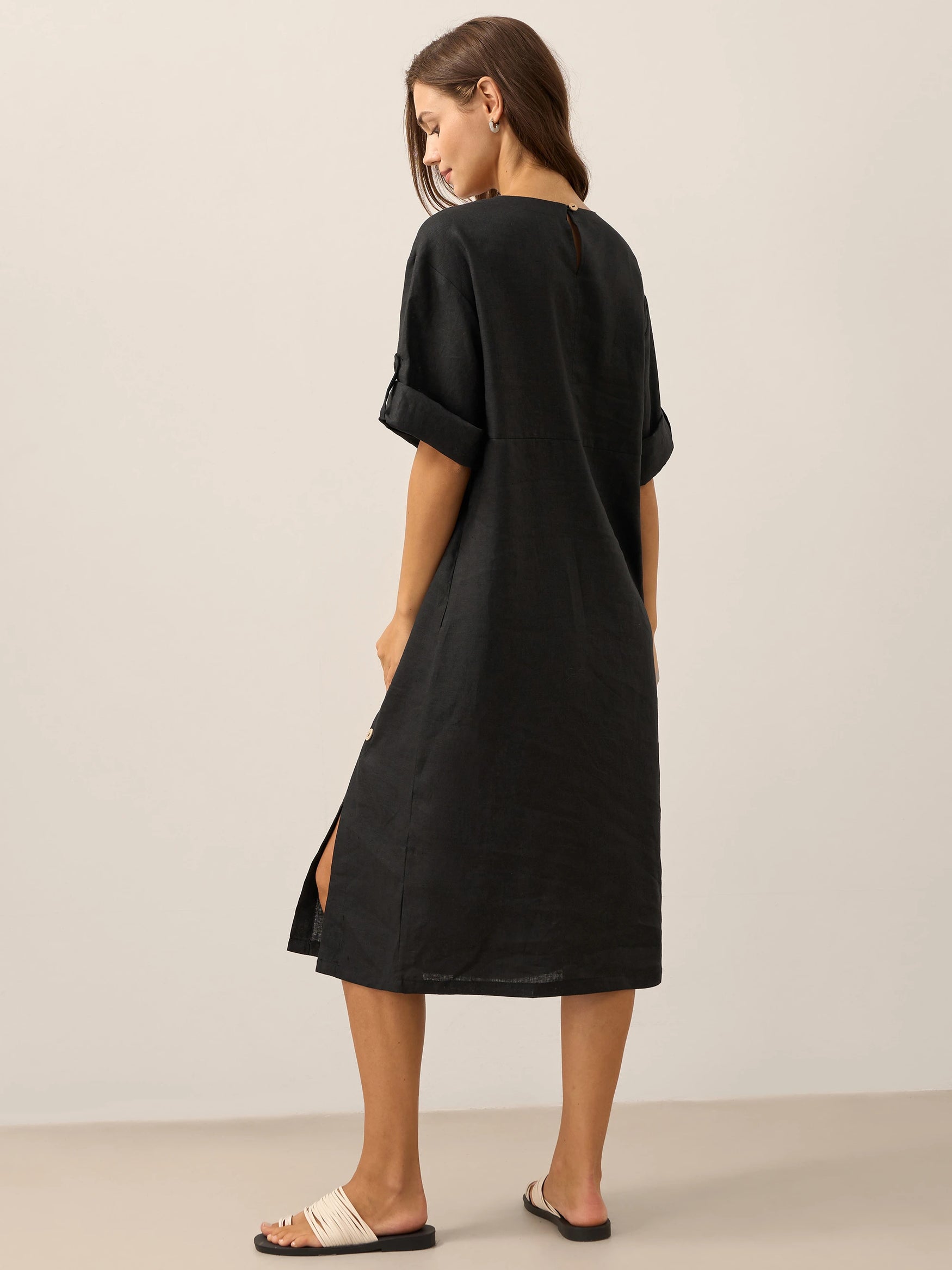 100% Linen Round Neck Button Detail Midi Dress JELENA by LINTICO for women