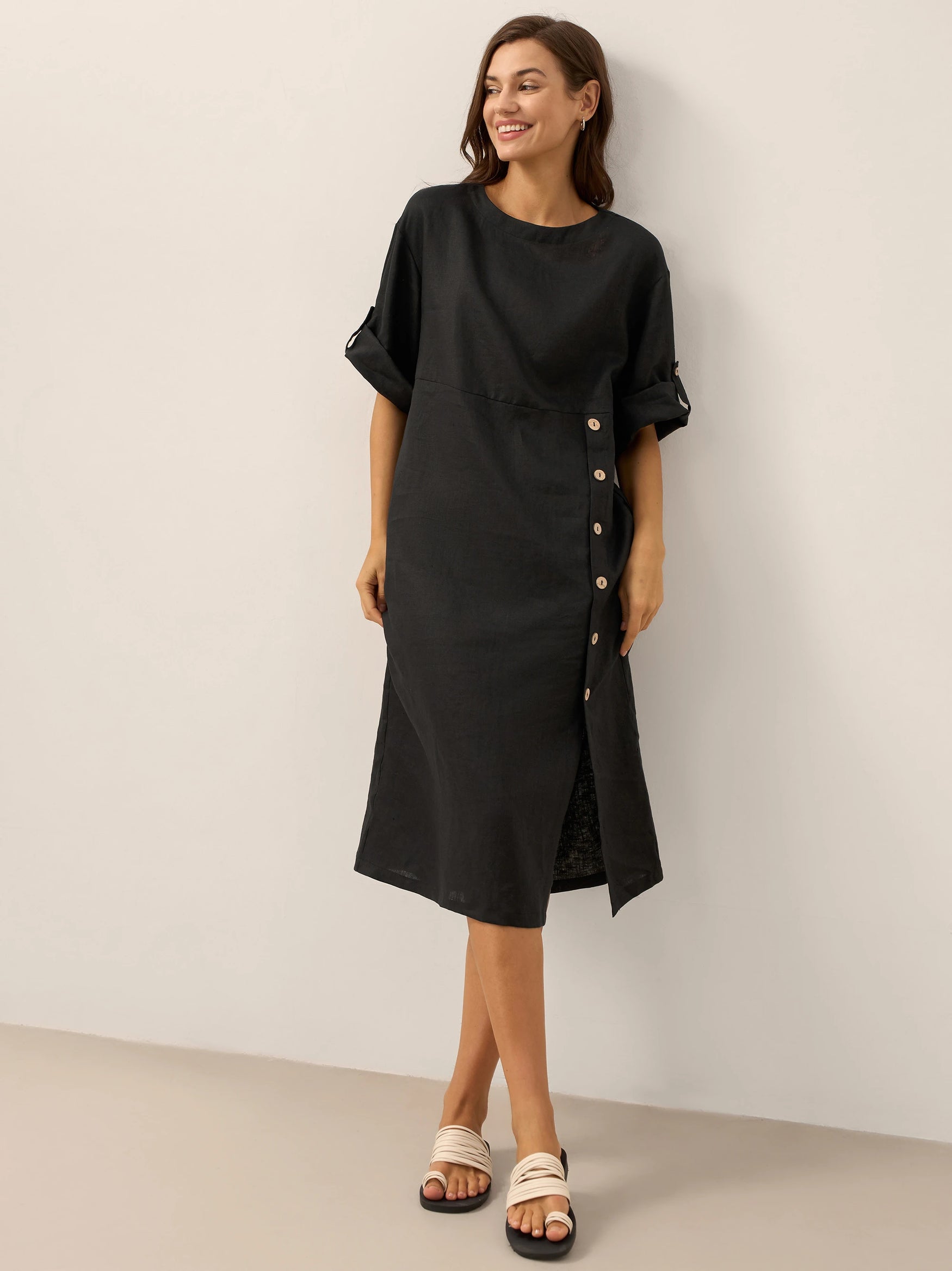 100% Linen Round Neck Button Detail Midi Dress JELENA by LINTICO for women