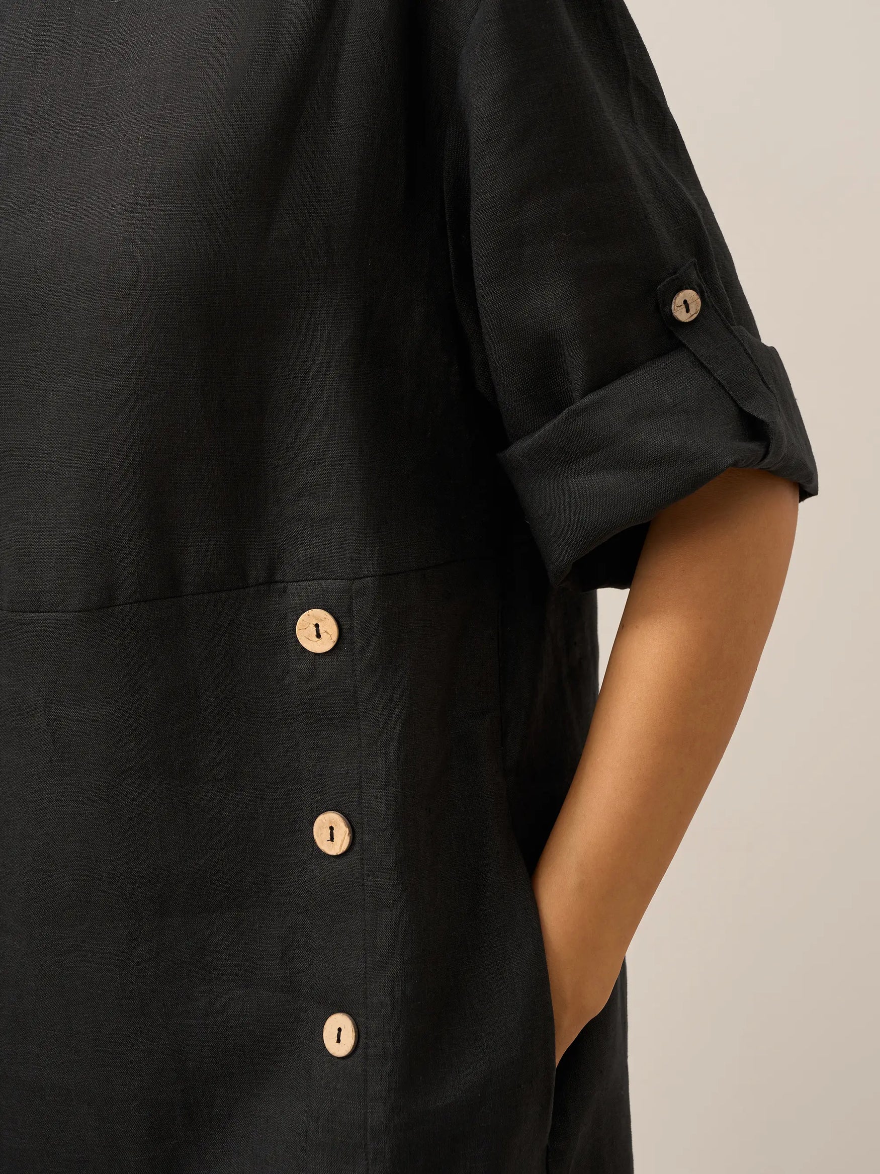 100% Linen Round Neck Button Detail Midi Dress JELENA by LINTICO for women