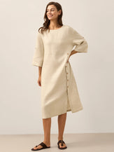 100% Linen Round Neck Button Detail Midi Dress JELENA by LINTICO for women