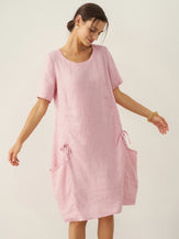 100% Linen Round Neck Patch Pocket Midi Dress XENA by LINTICO for women
