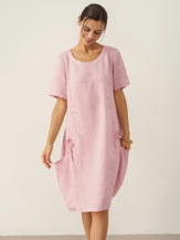 100% Linen Round Neck Patch Pocket Midi Dress XENA by LINTICO for women