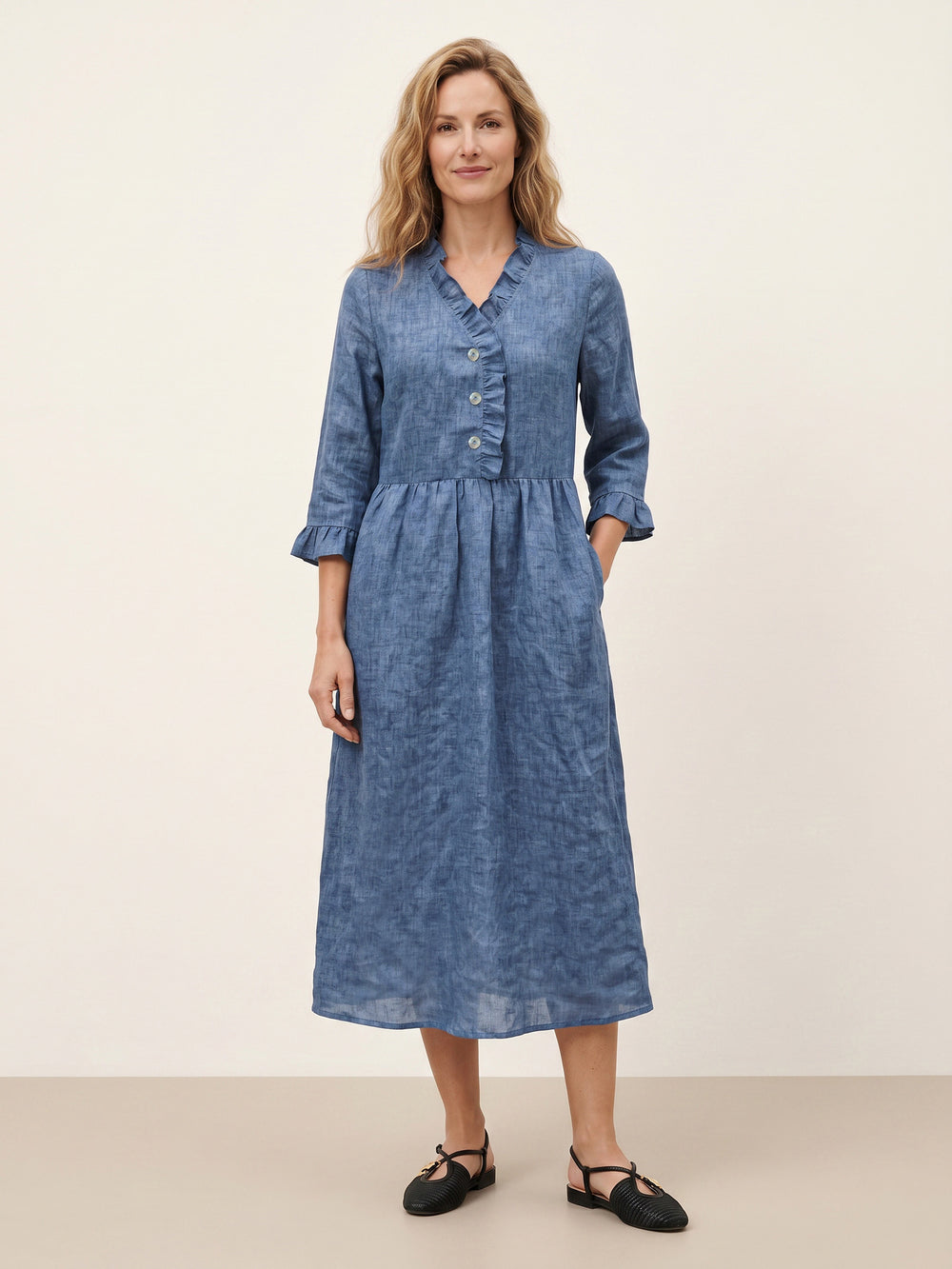 100% Linen Ruffle Placket A Line Midi Dress SAMARA