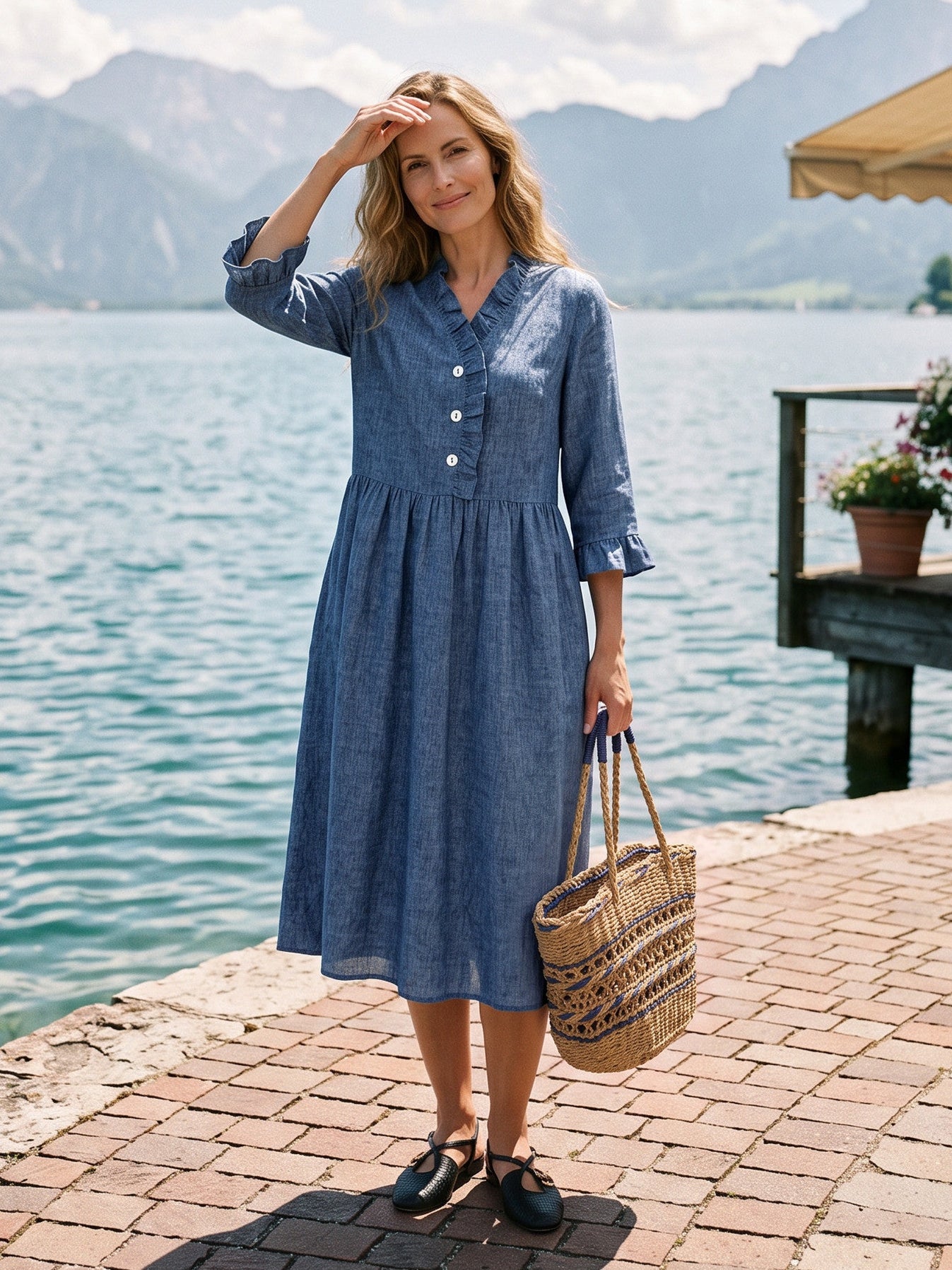 100% Linen Ruffle Placket A Line Midi Dress SAMARA by LINTICO