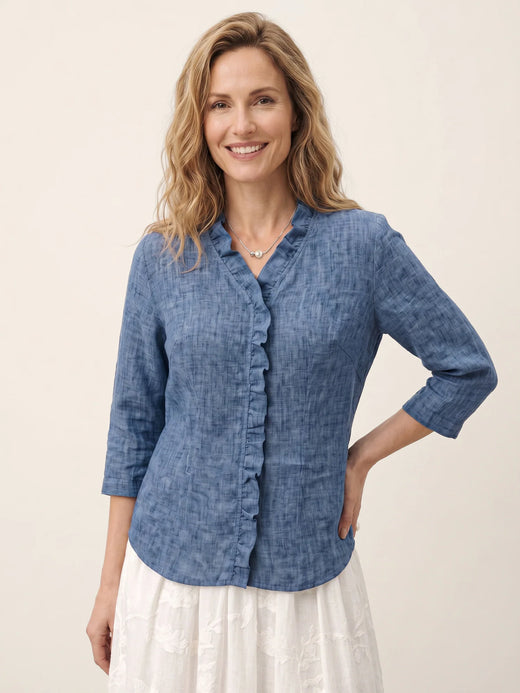 100% Linen Ruffle Placket V-Neck Shirt RENATA