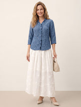 100% Linen Ruffle Placket V Neck Shirt RENATA by LINTICO