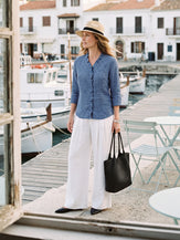 100% Linen Ruffle Placket V Neck Shirt RENATA by LINTICO