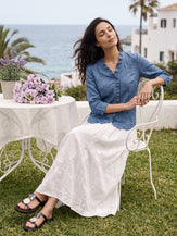 100% Linen Ruffle Placket V Neck Shirt RENATA by LINTICO