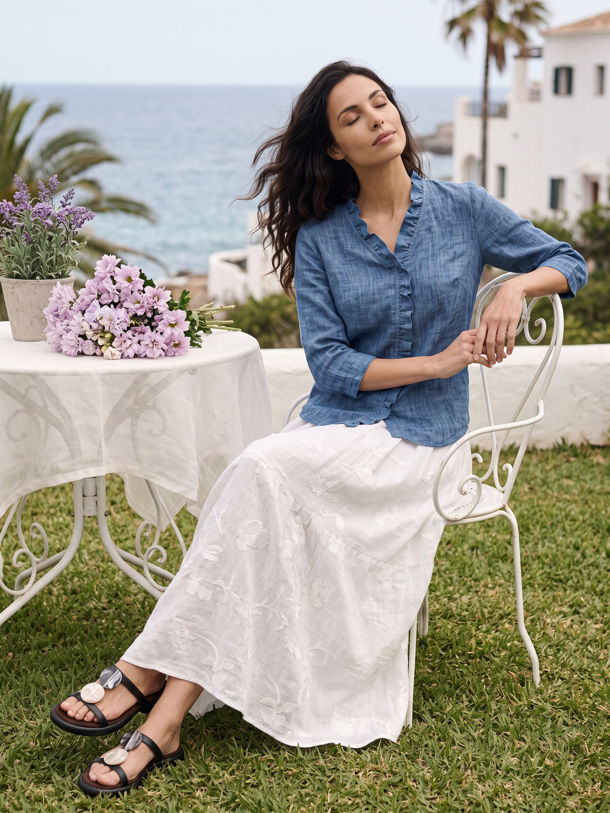 100% Linen Ruffle Placket V Neck Shirt RENATA by LINTICO