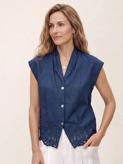 100% Linen Scalloped Lace Hem Sleeveless Shirt ALVINA
