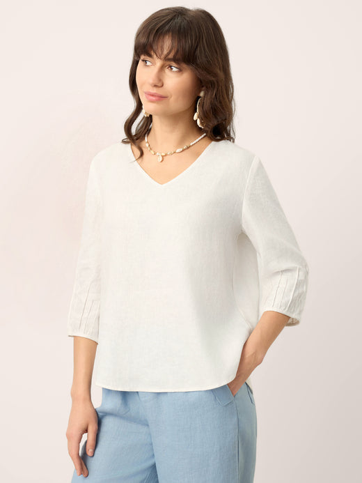 100% Linen Scoop Neck Slit Back Pullover Top FELICIA