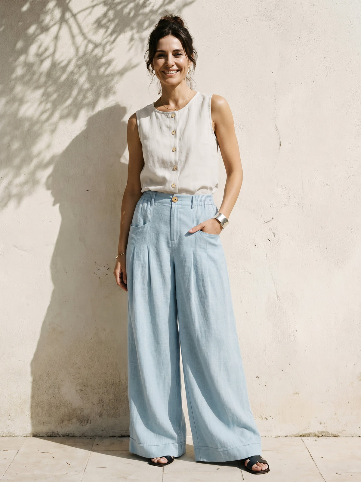 VERIDIANA relaxed linen pants styled outdoors