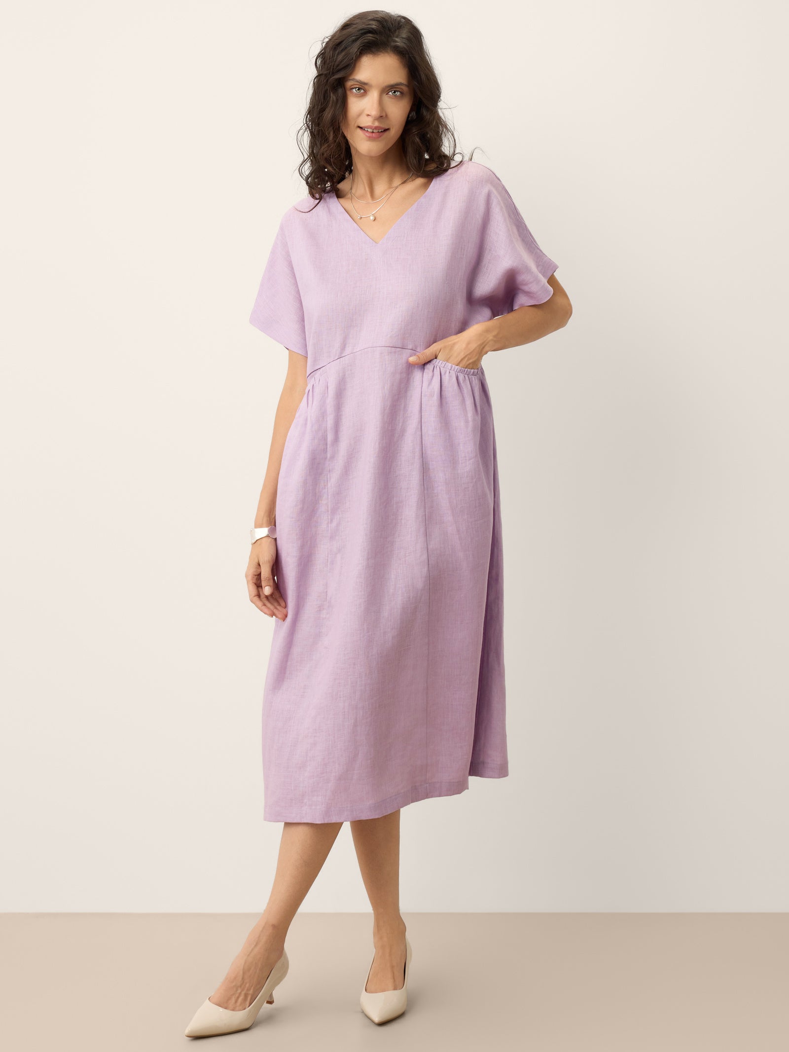 100% Linen Sculpted Waist Batwing Midi Dress TIVIA, Lavender / M 100% Linen Sculpted Waist Batwing Midi Dress TIVIA, Lavender / M