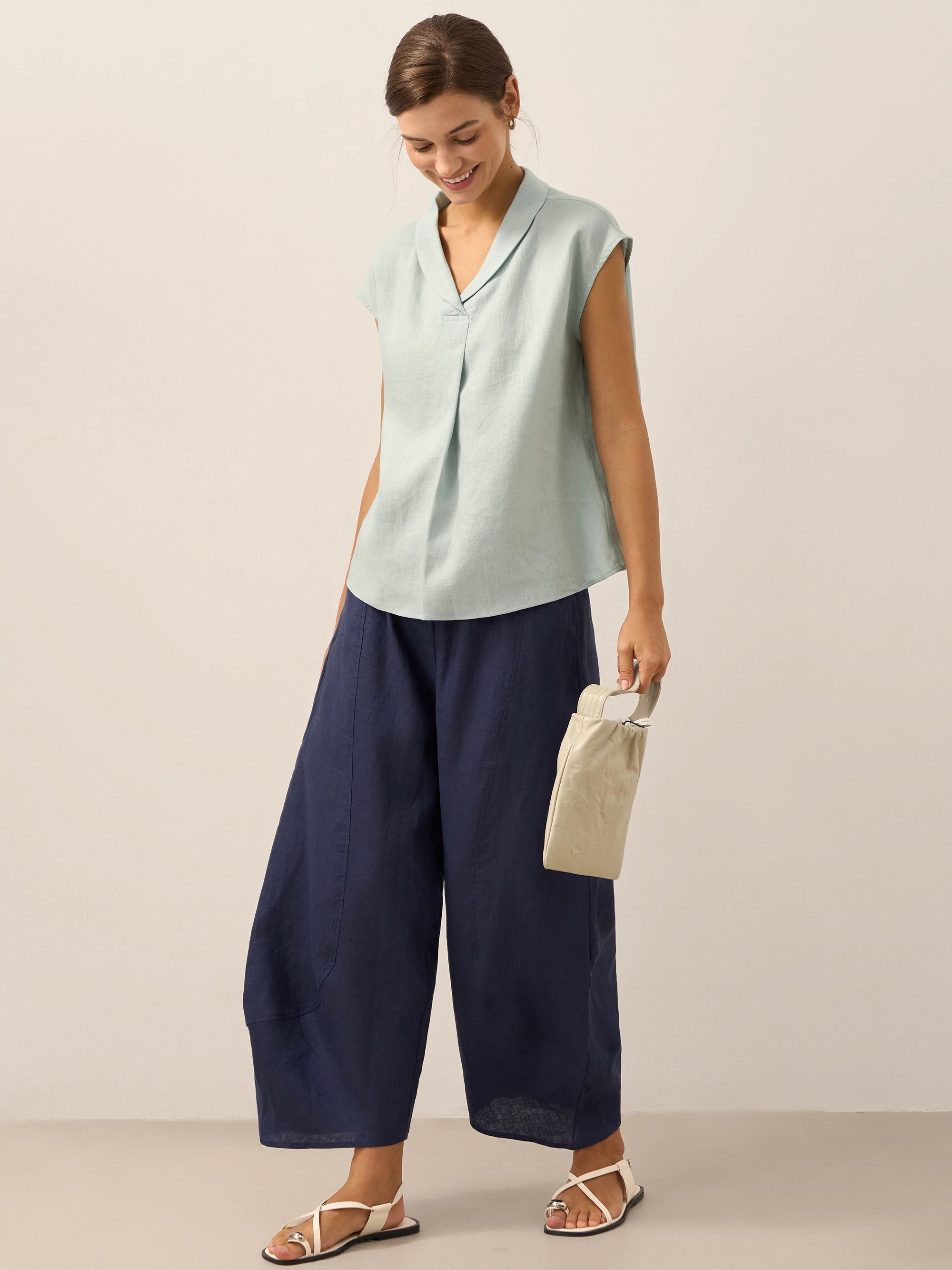 100% Linen Shawl V-Neck Cap Sleeves Top ELARA