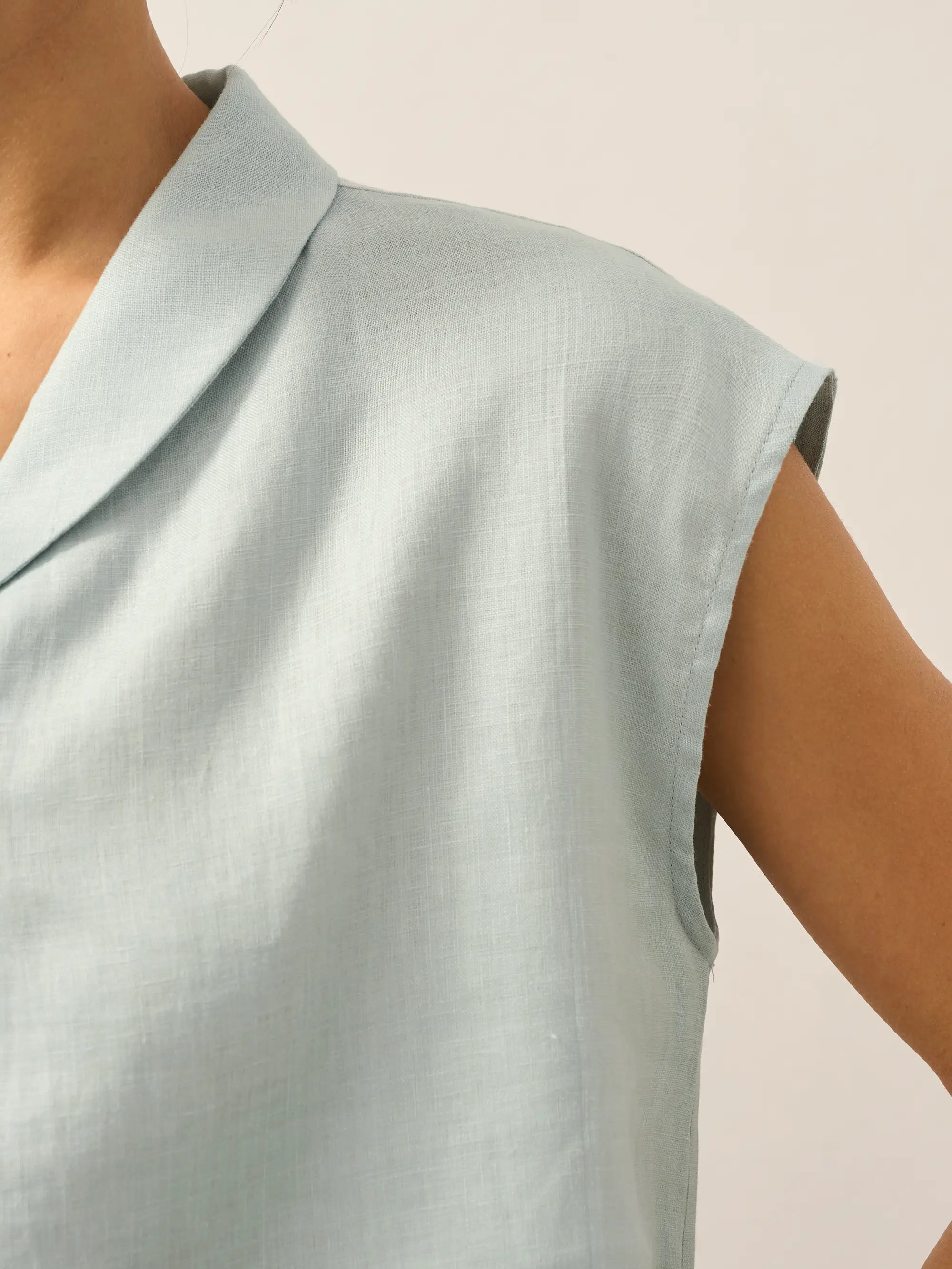 100% Linen Shawl V-Neck Cap Sleeves Top ELARA