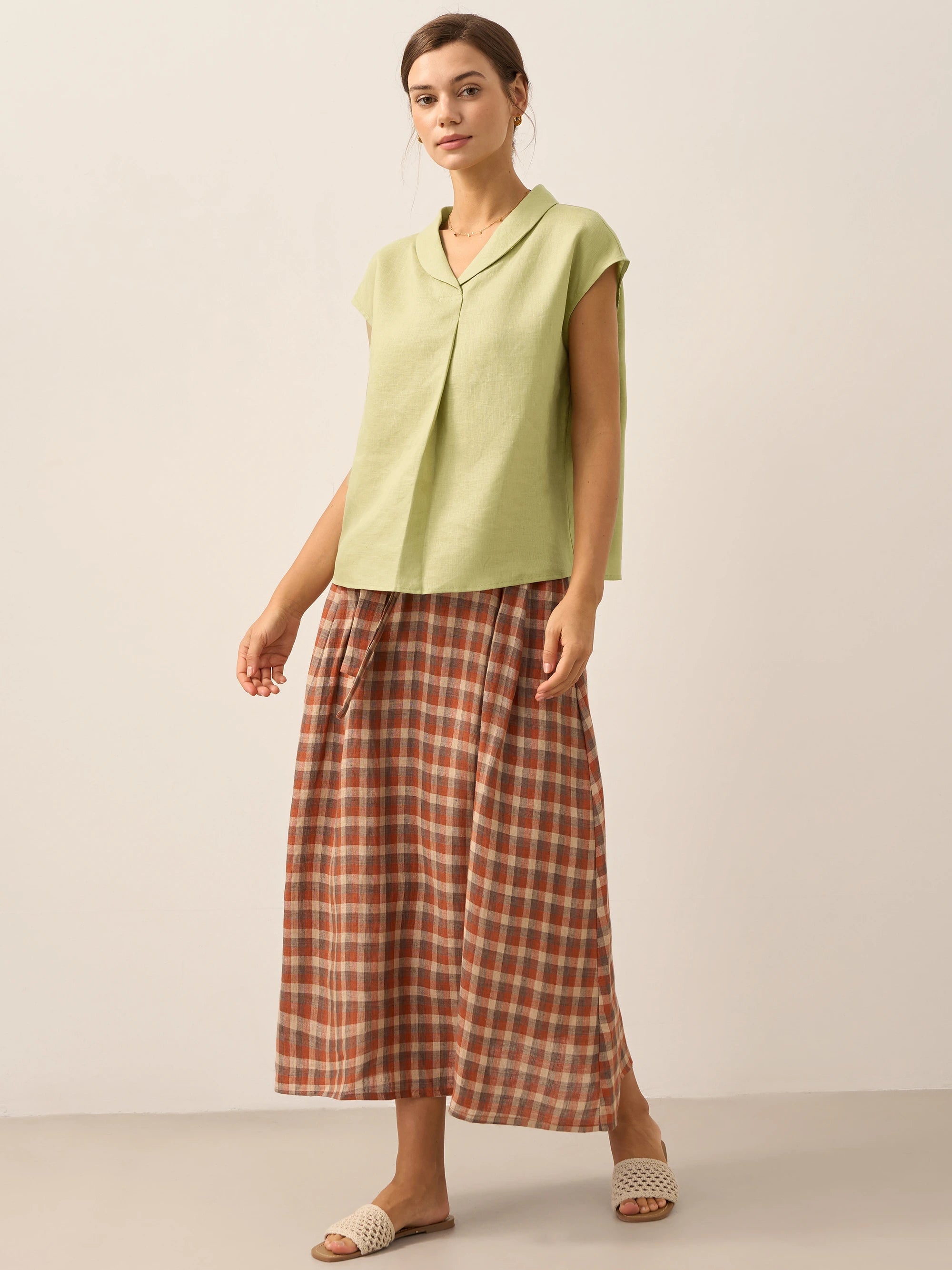 100% Linen Shawl V-Neck Cap Sleeves Top ELARA