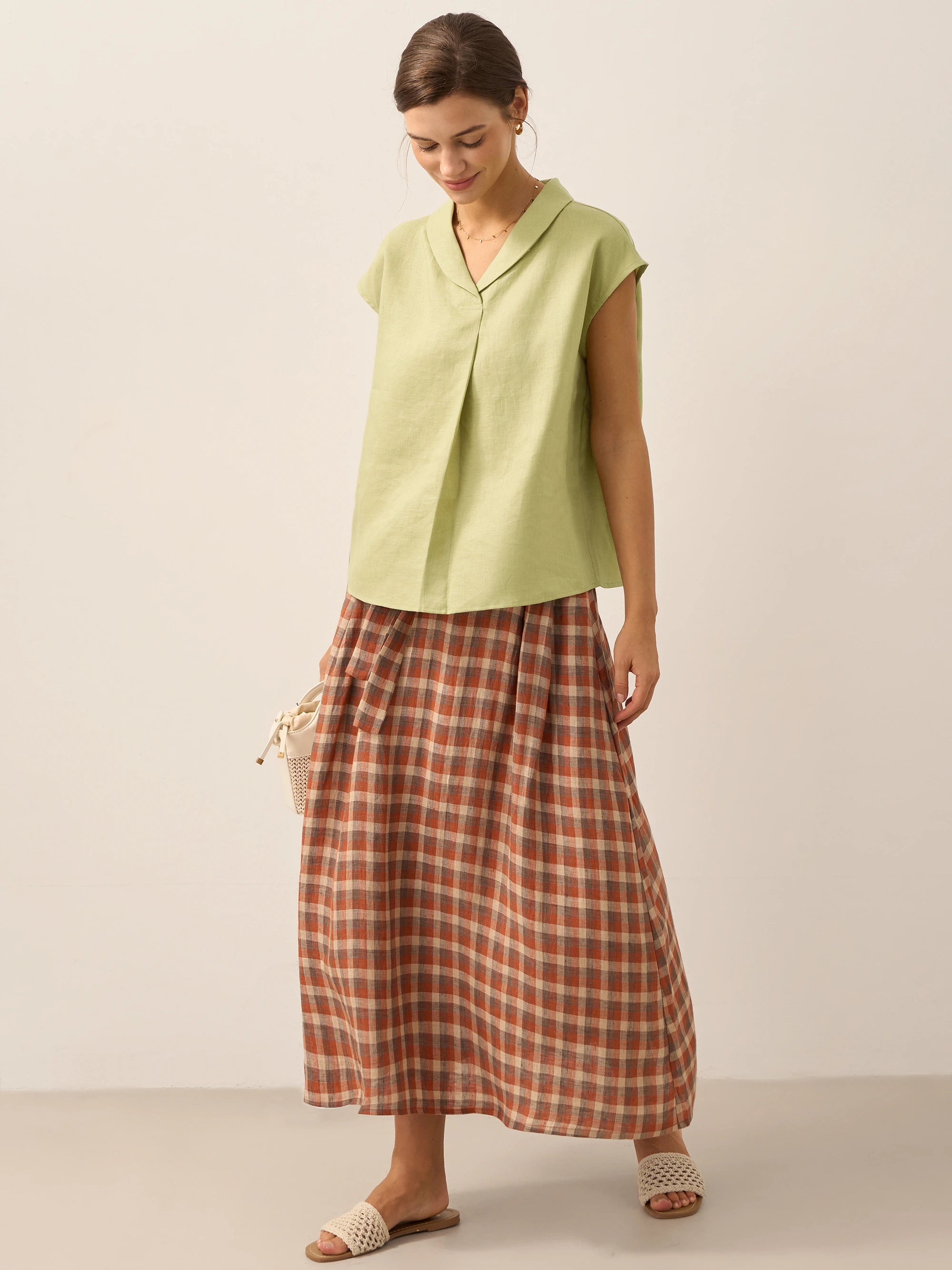 100% Linen Shawl V-Neck Cap Sleeves Top ELARA