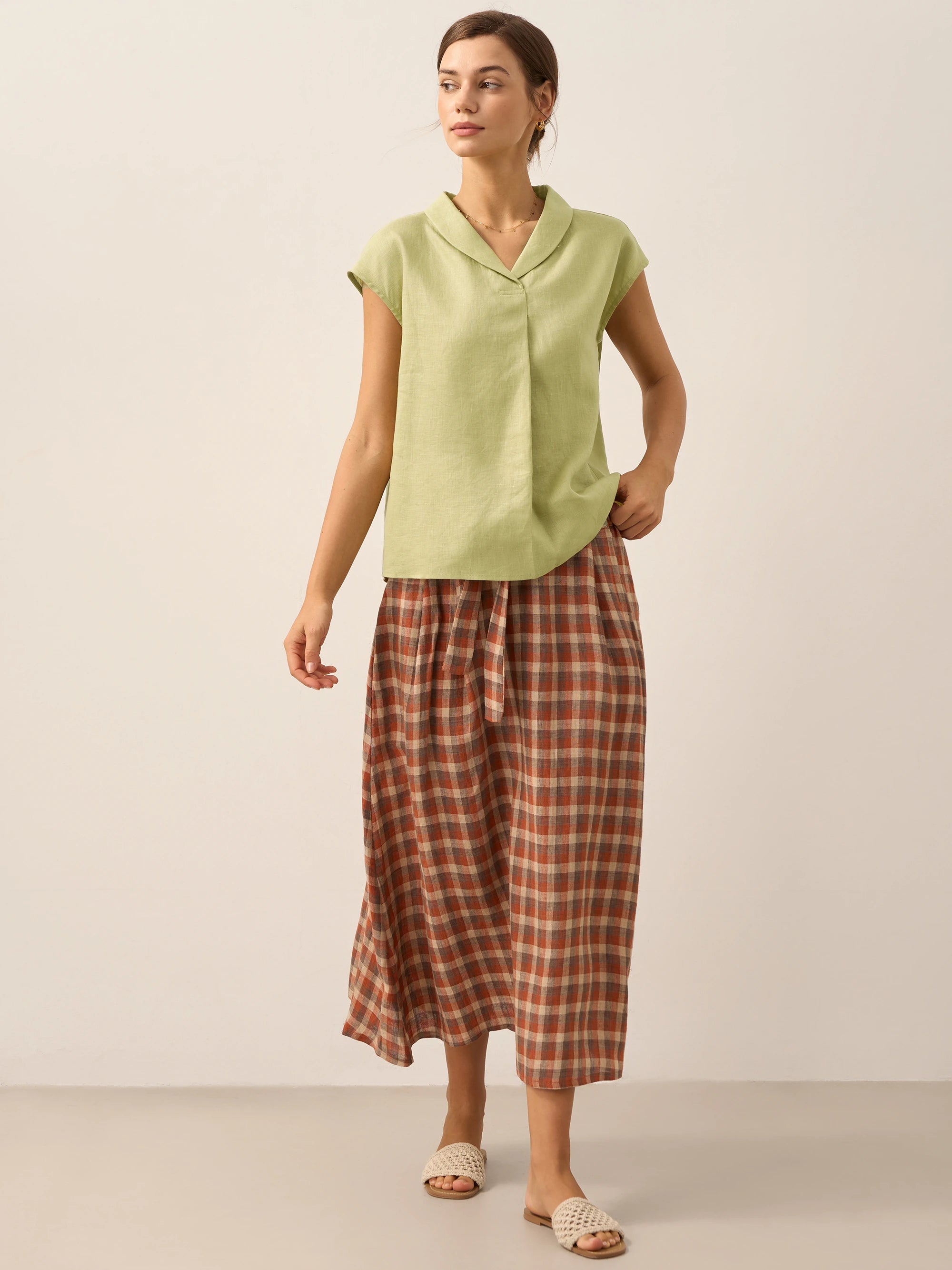 100% Linen Shawl V-Neck Cap Sleeves Top ELARA