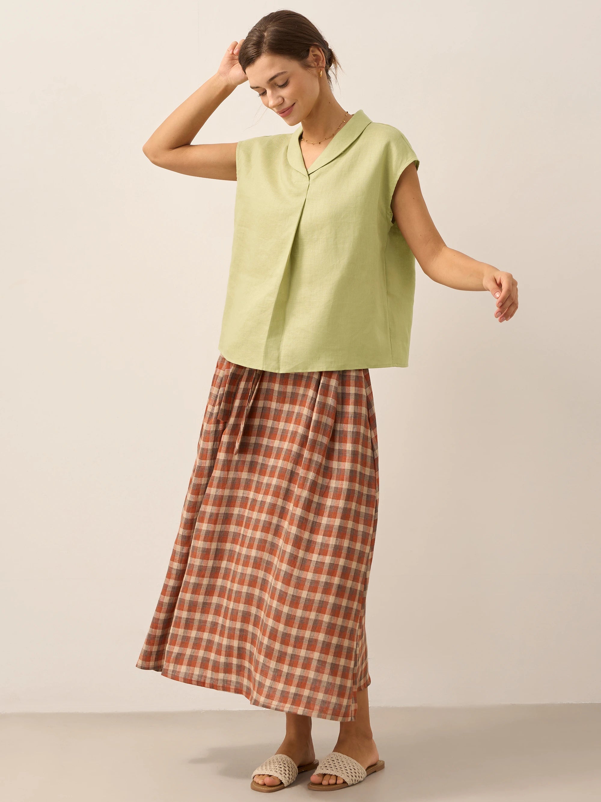 100% Linen Shawl V-Neck Cap Sleeves Top ELARA