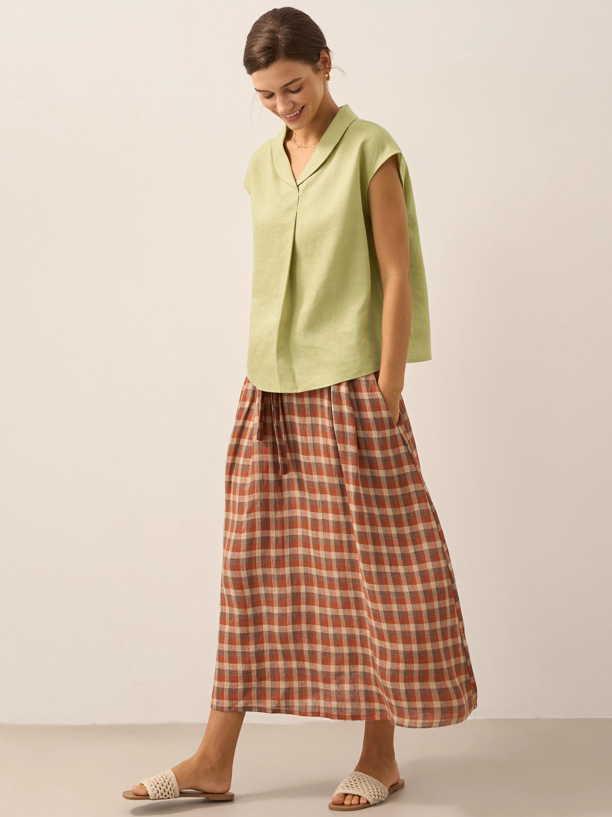 100% Linen Shawl V-Neck Cap Sleeves Top ELARA