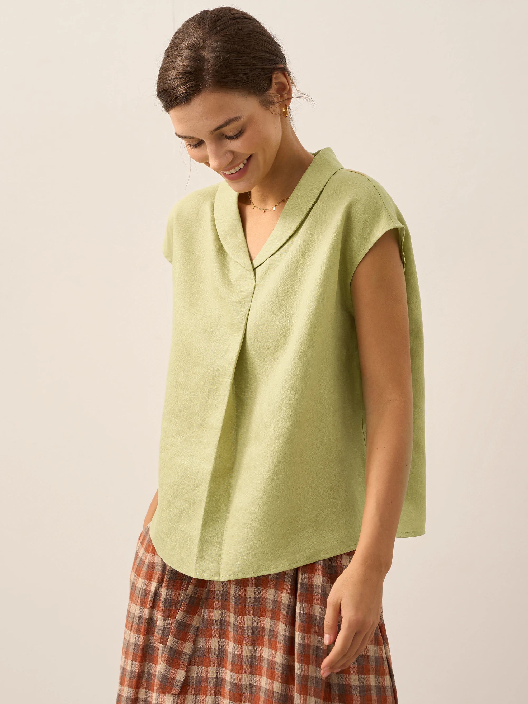 100% Linen Shawl V-Neck Cap Sleeves Top ELARA