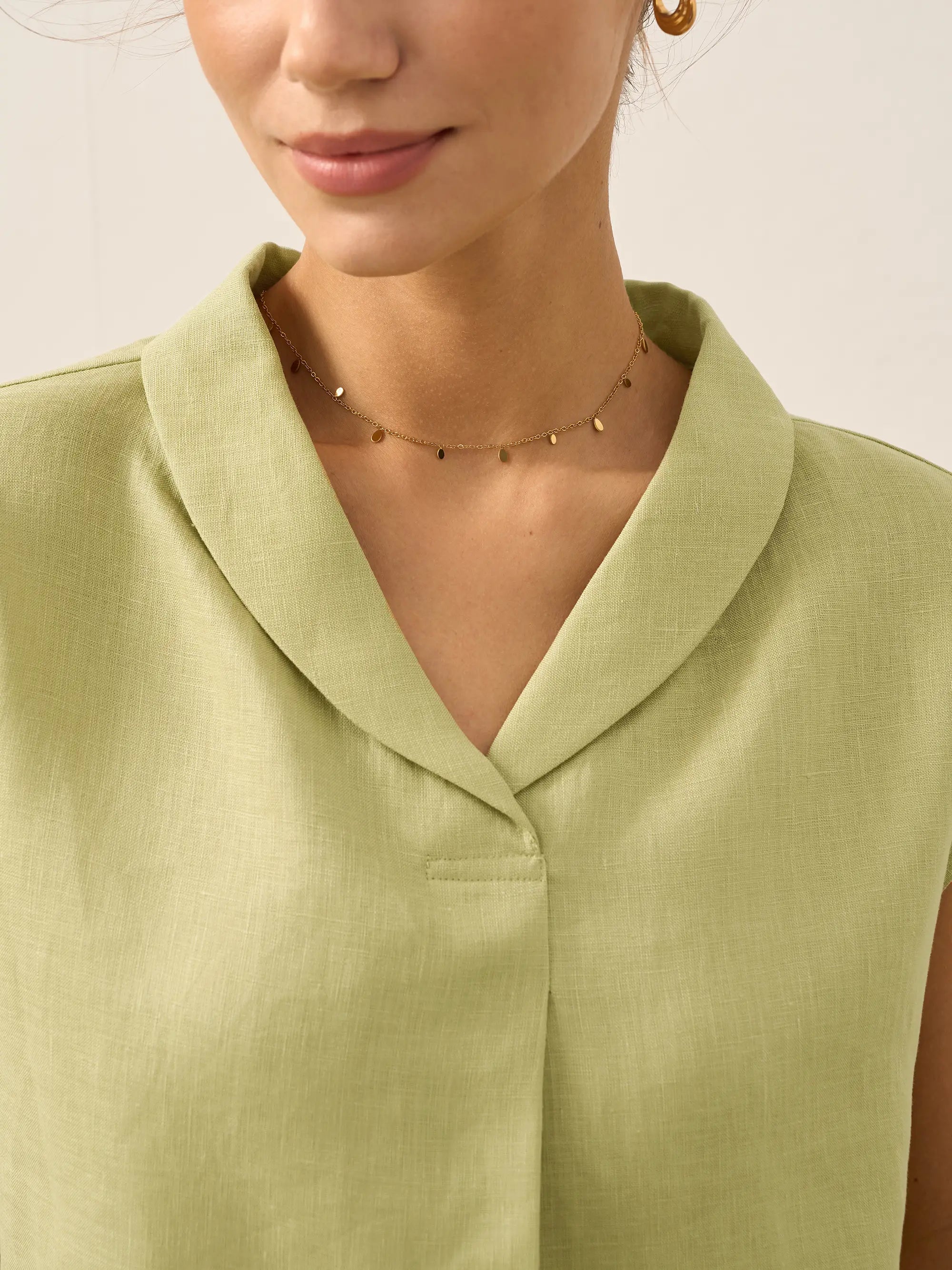 100% Linen Shawl V-Neck Cap Sleeves Top ELARA