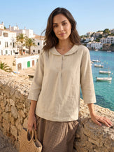 100% Linen Shawl V-Neck Half Sleeve Top JADE by LINTICO for women