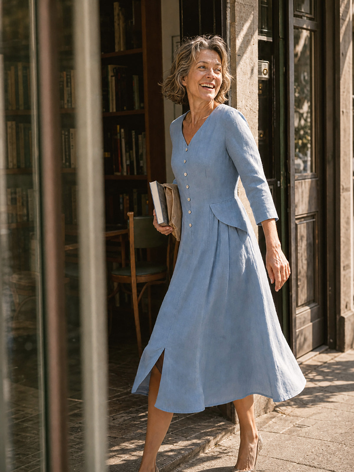 100% Linen Shell Button A Line Midi Dress ELIORA by LINTICO