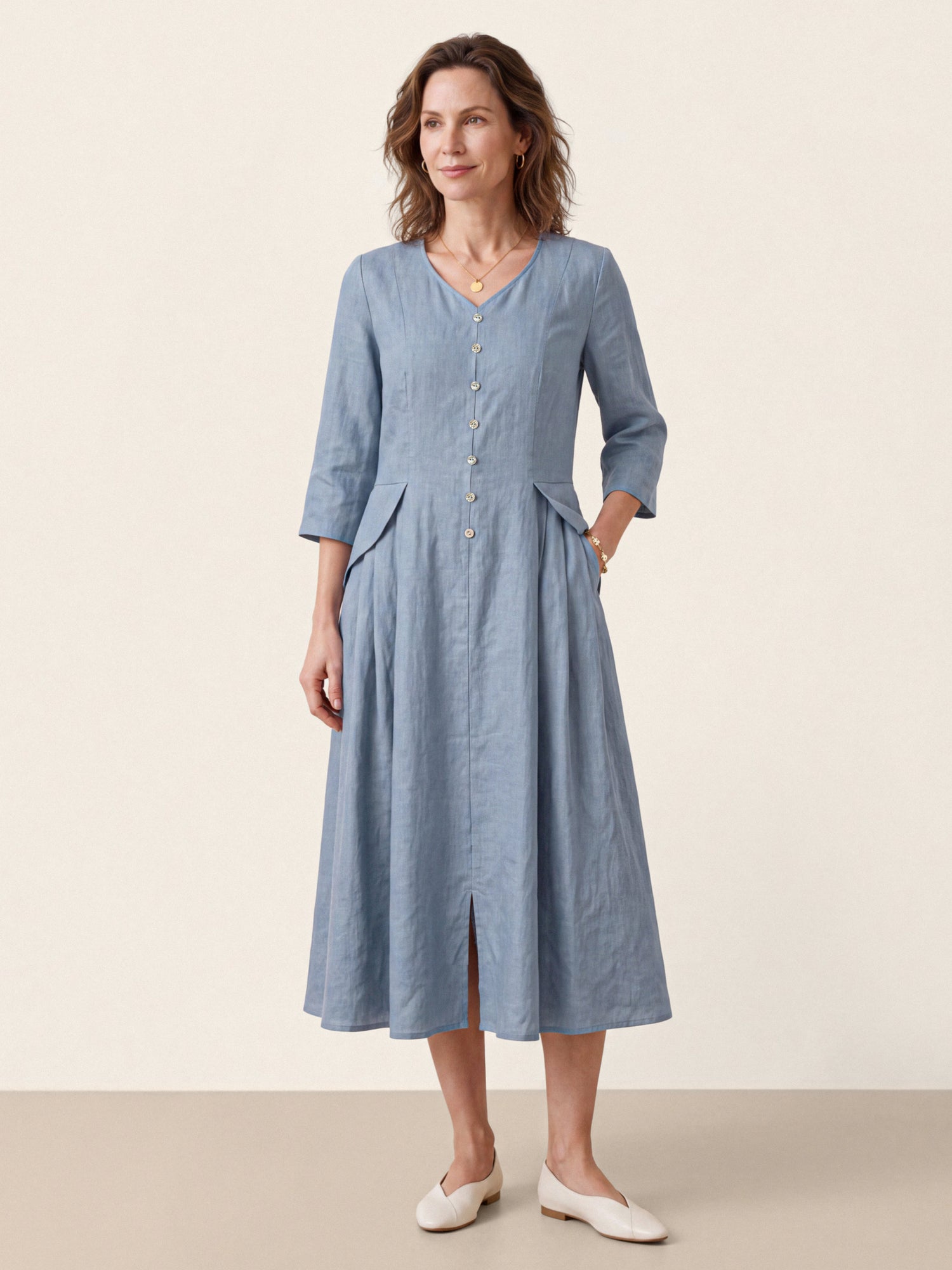 Blue 100% Linen Shell Button A Line Midi Dress ELIORA by LINTICO